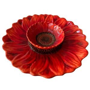 Maxcera red sunflower ceramic chip & dip serving dish platter 14